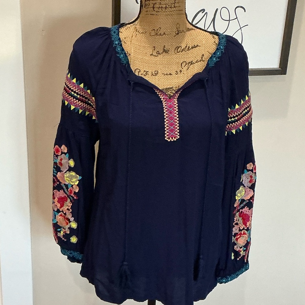 Solitaire Navy Blouse with Colorful Embroidery